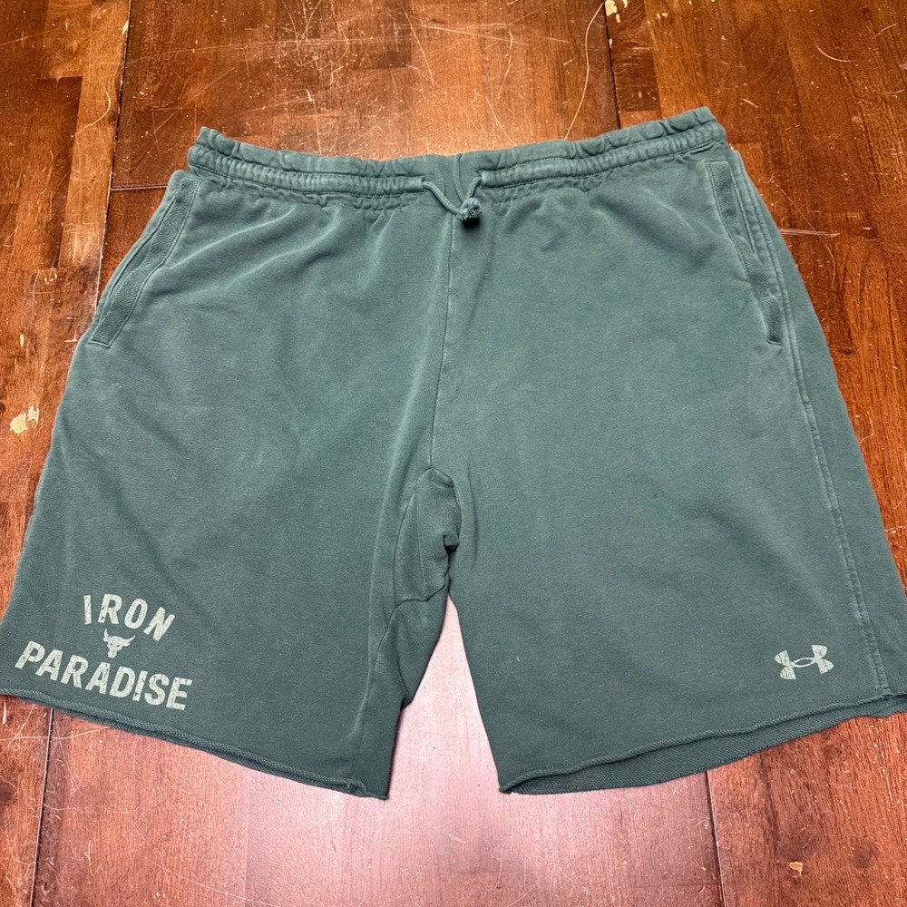 Under Armour Project Rock Shorts Mens XXL Green Iron Paradise Raw Hem